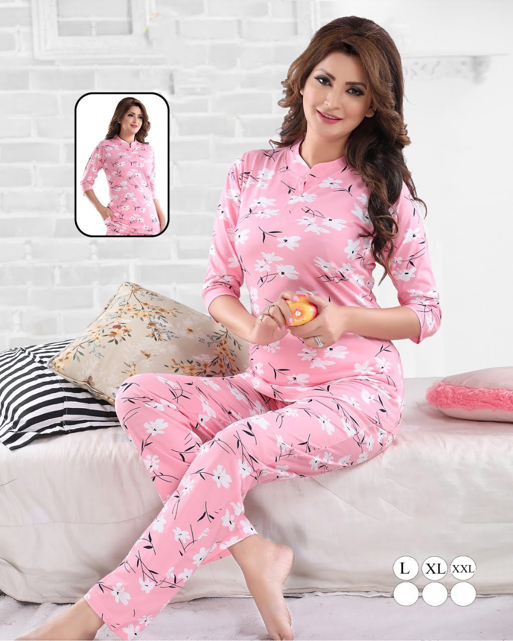 Women's Cotton Printed Pink Nightsuit Long Top Pajama Set - Stilento