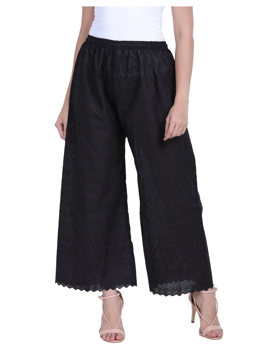 Women's Embroidered Black Cotton Chikankari Palazzo