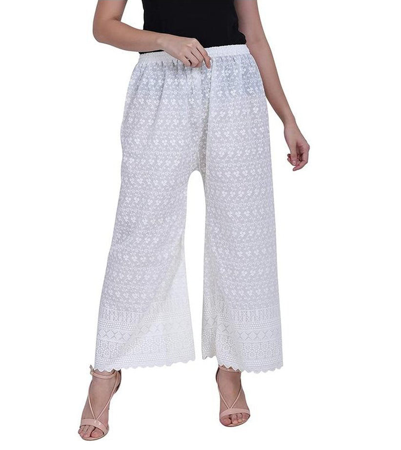 Women's Embroidered Cotton Chikankari Palazzo White