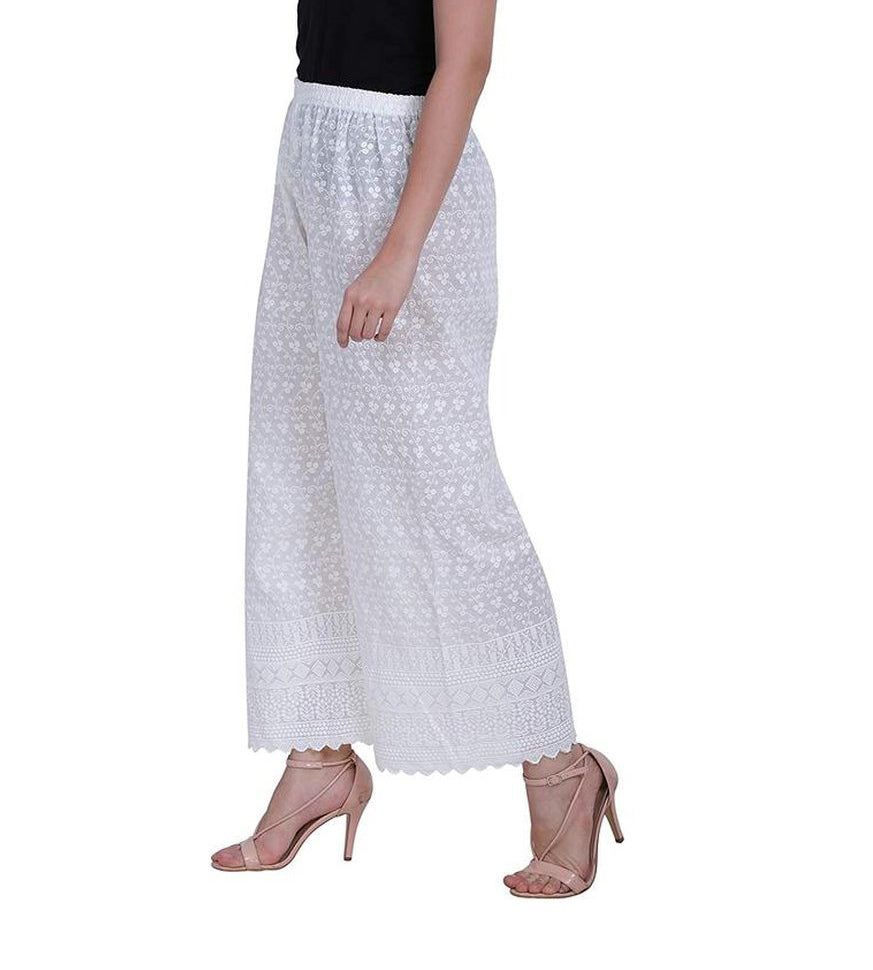 Women's Embroidered Cotton Chikankari Palazzo White