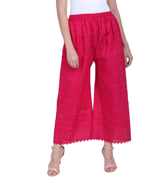 Women's Embroidered Pink Cotton Chikankari Palazzo - Stilento