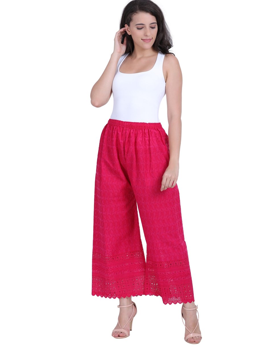Women's Embroidered Pink Cotton Chikankari Palazzo