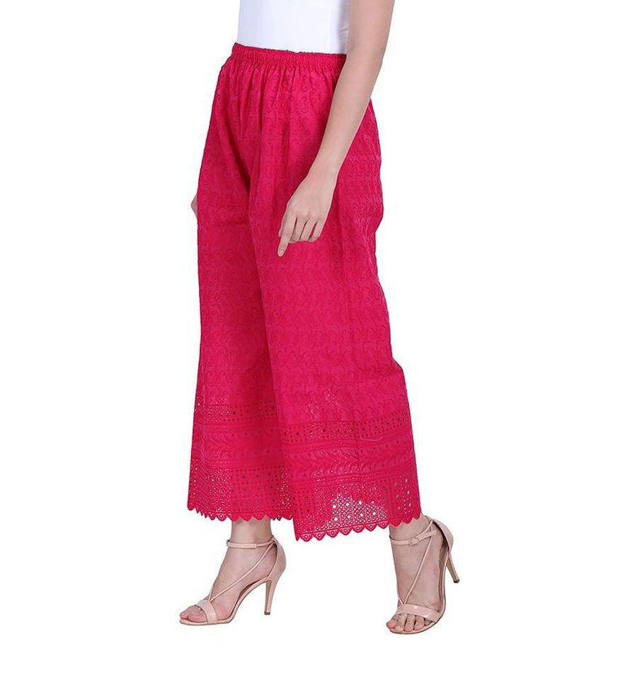 Women's Embroidered Pink Cotton Chikankari Palazzo
