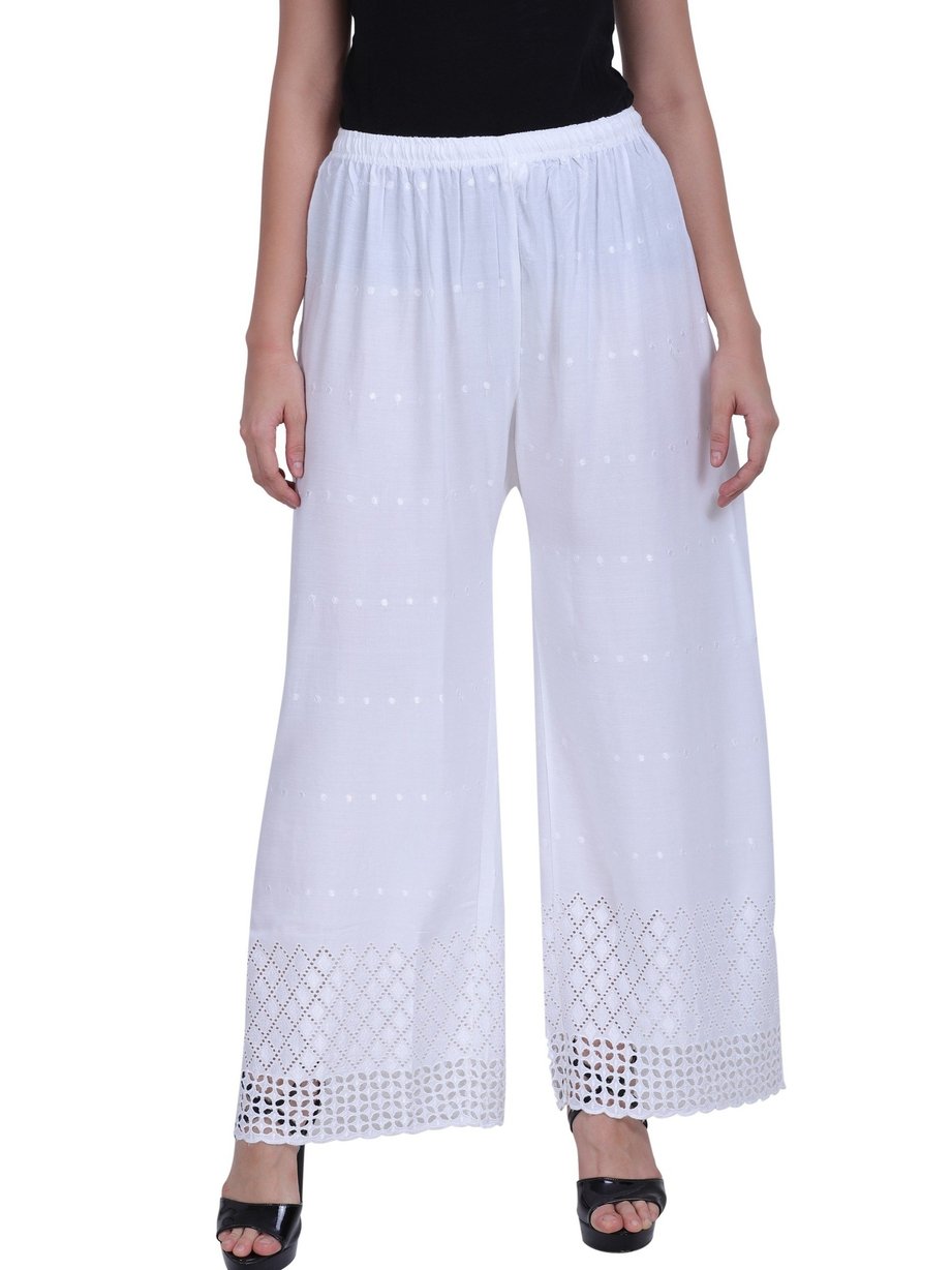 Women's Embroidered Rayon chikankari White Palazzo