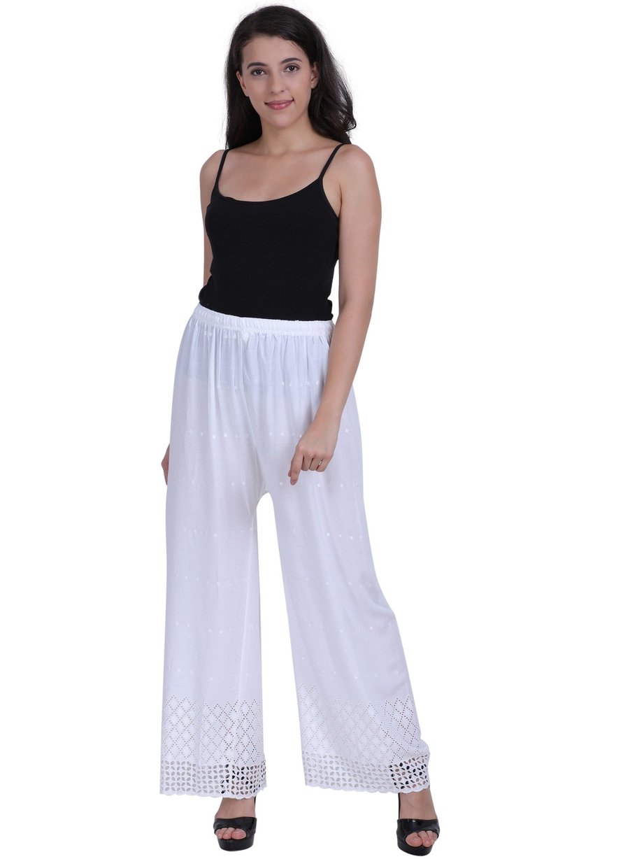Women's Embroidered Rayon chikankari White Palazzo