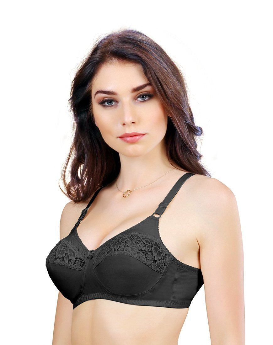 Women's Full Coverage Non Padded Wire free Black Trinity Bra