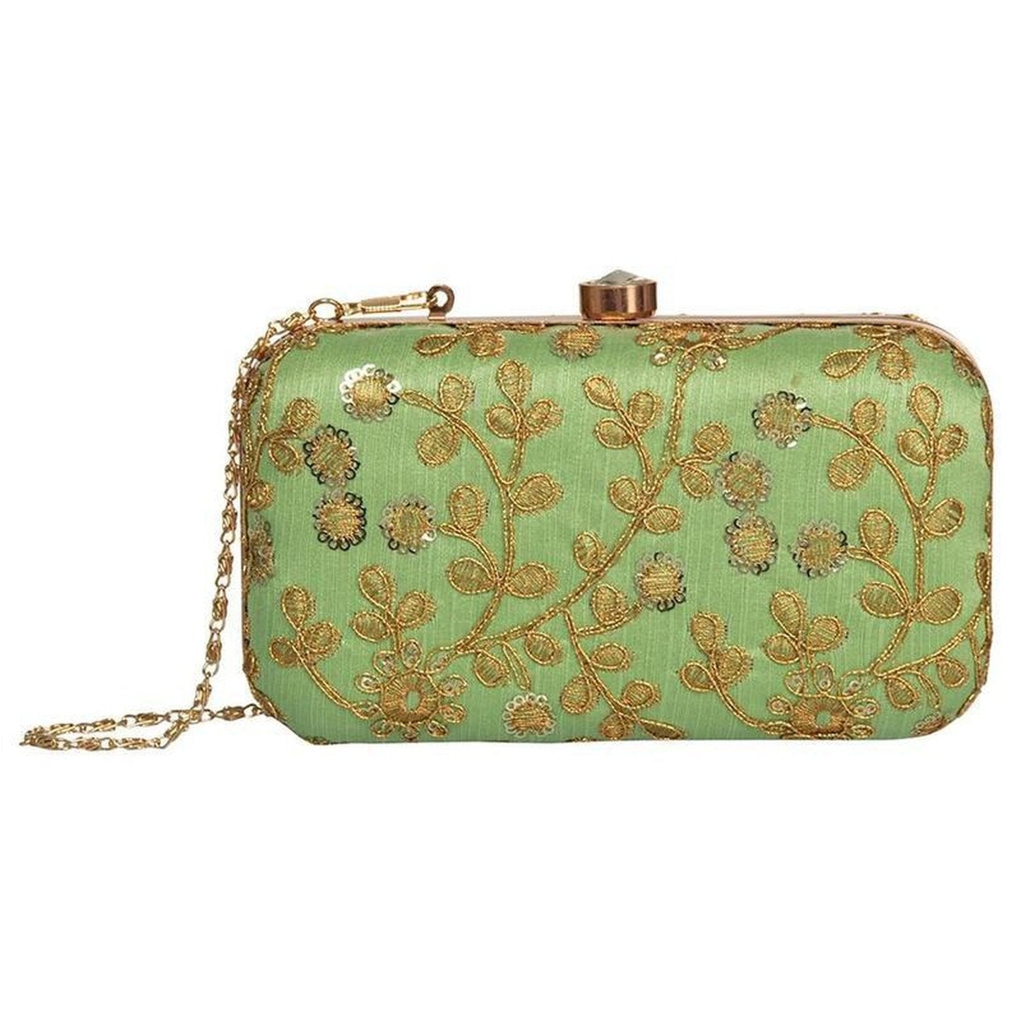 Women's Green Colored Handcrafted Partywear Embroidered Clutch - Stilento