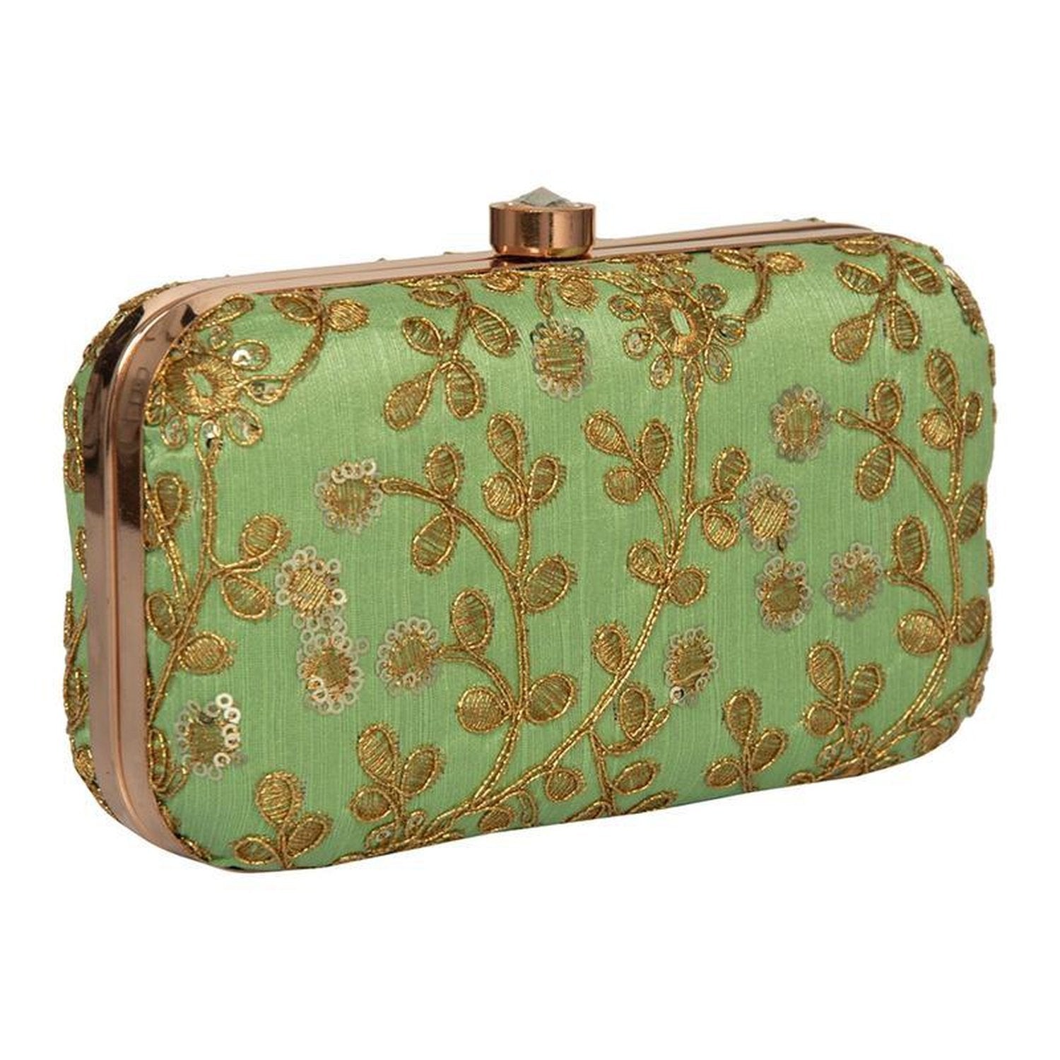 Women's Green Colored Handcrafted Partywear Embroidered Clutch - Stilento