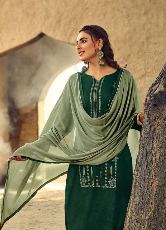 Women's Green Cotton Unstitched Dress Material Suit Set - Stilento