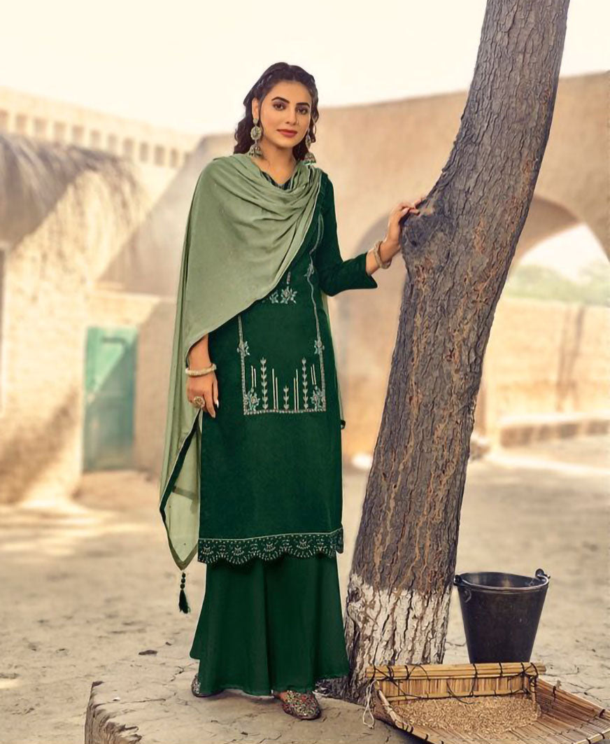 Women's Green Cotton Unstitched Dress Material Suit Set - Stilento