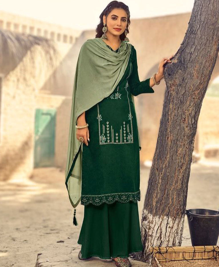 Women's Green Cotton Unstitched Dress Material Suit Set