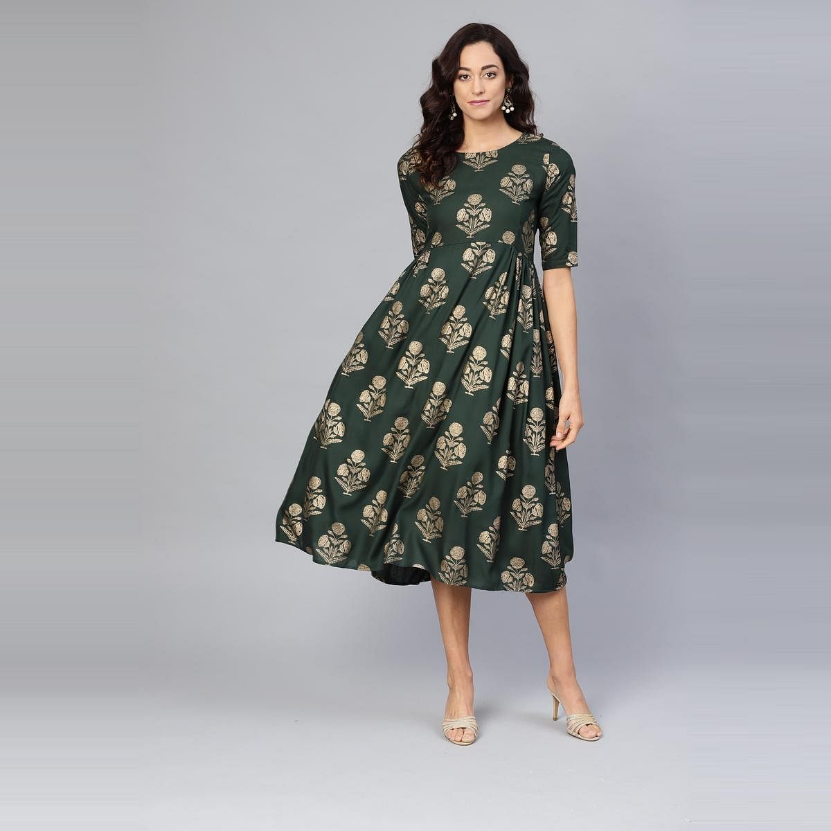 Women's Green Printed Round Neck Rayon Dress