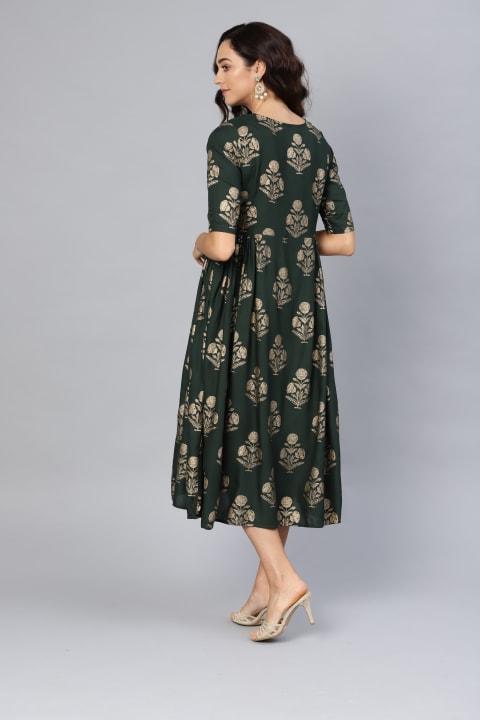 Women's Green Printed Round Neck Rayon Dress - Stilento