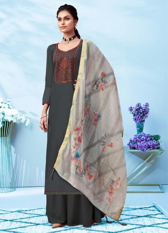 Women's Grey Cotton Karachi Suit Dress Material - Stilento