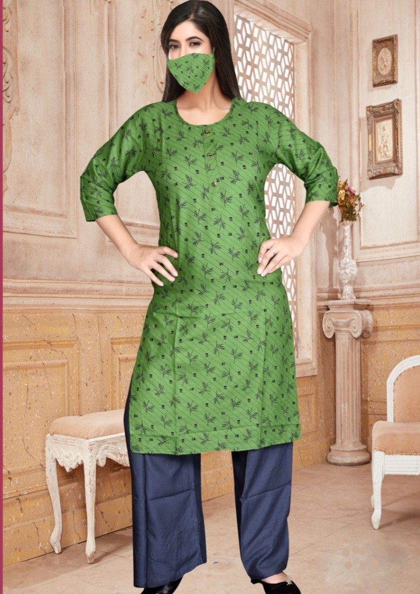 Women's Long Kurtis Palazzo Set With Face Mask- Green