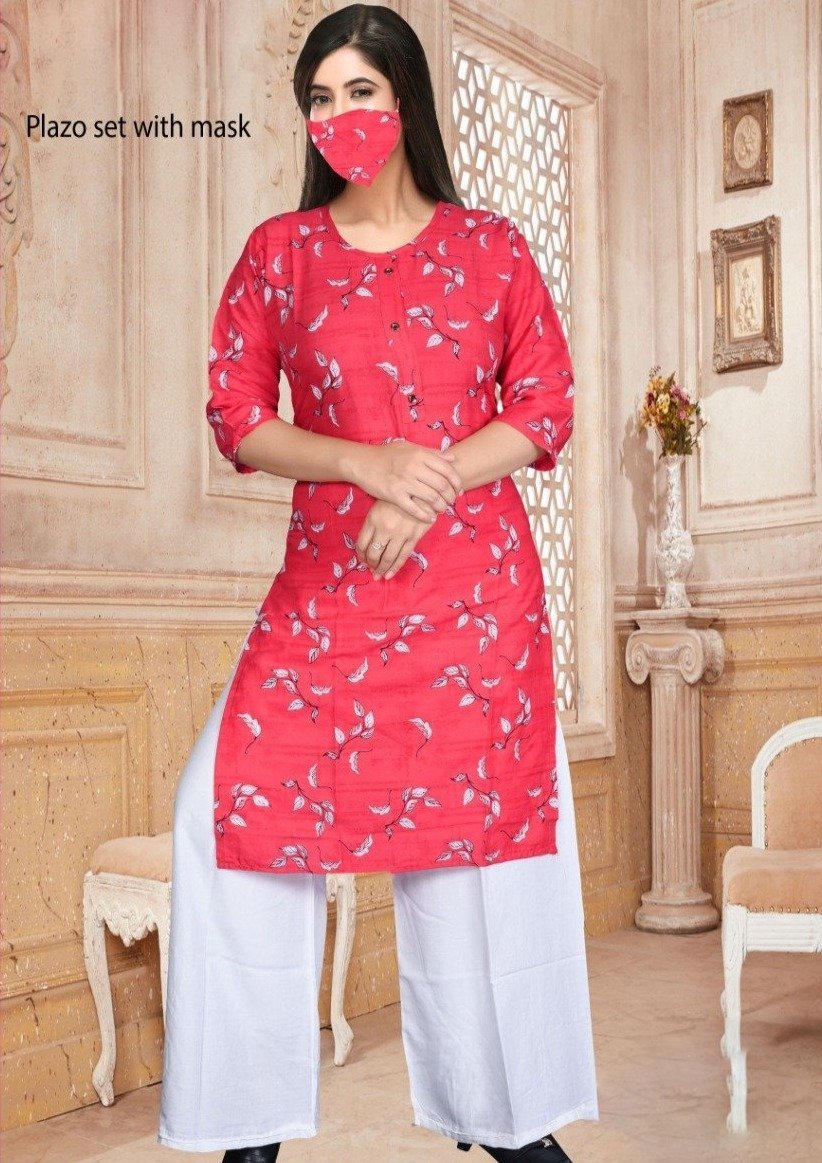 Women's Long Kurtis Palazzo Set With Face Mask