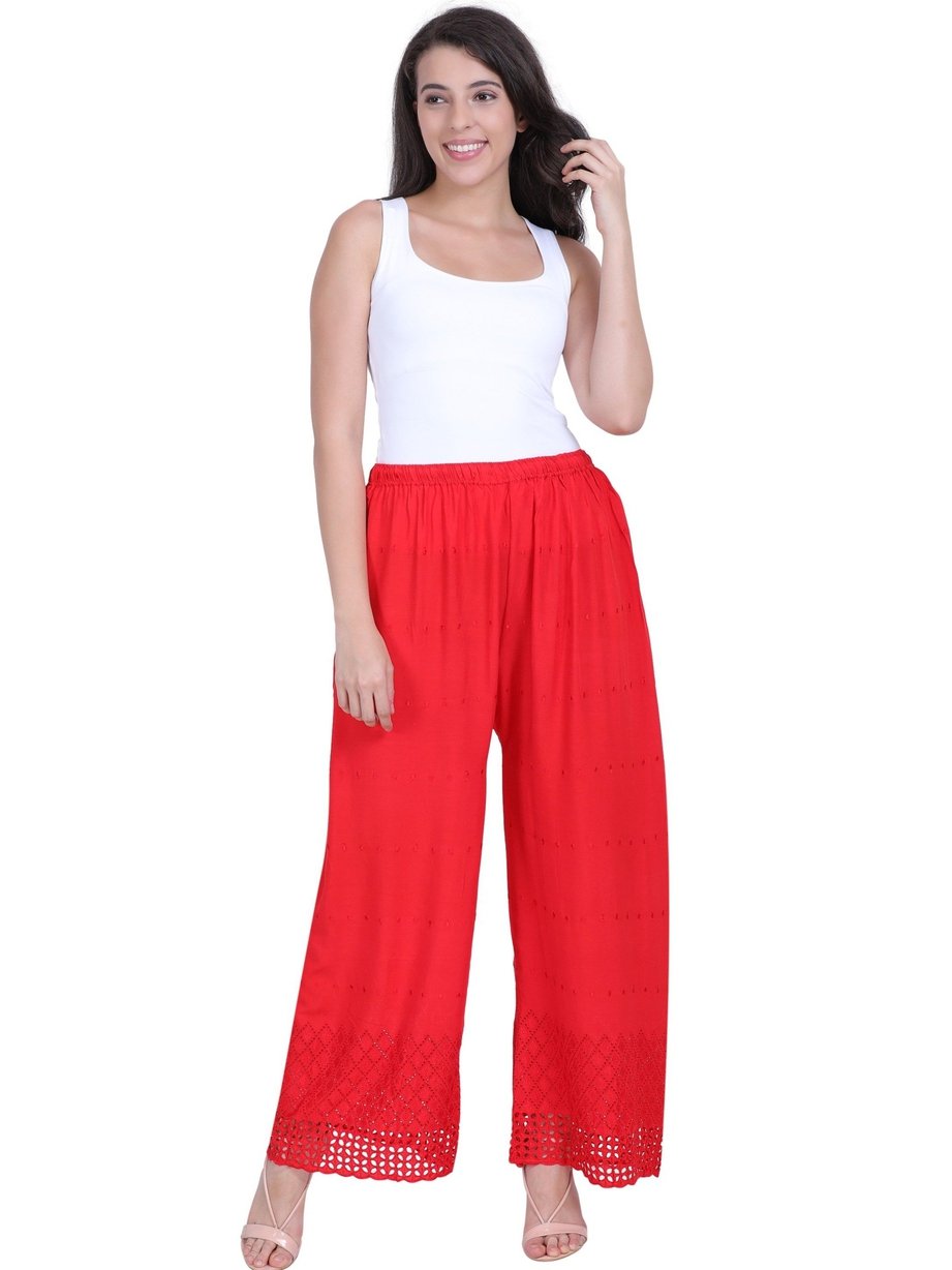 Women's Lucknow Embroidered Cotton Palazzo (Free Size, Red)
