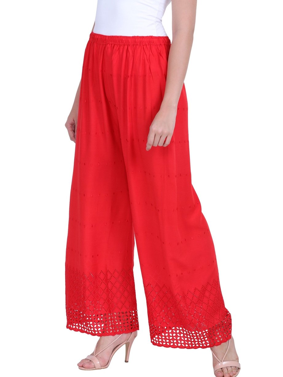 Women's Lucknow Embroidered Cotton Palazzo (Free Size, Red)
