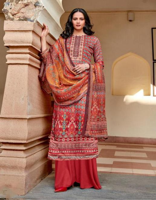 Women's Orange Cotton Pakistani unstitched suits Dress Material With Chiffon Dupatta - Stilento
