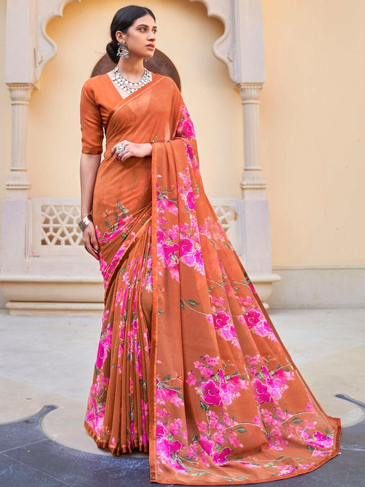 Women's Orange Georgette Printed Saree with Lace - Stilento