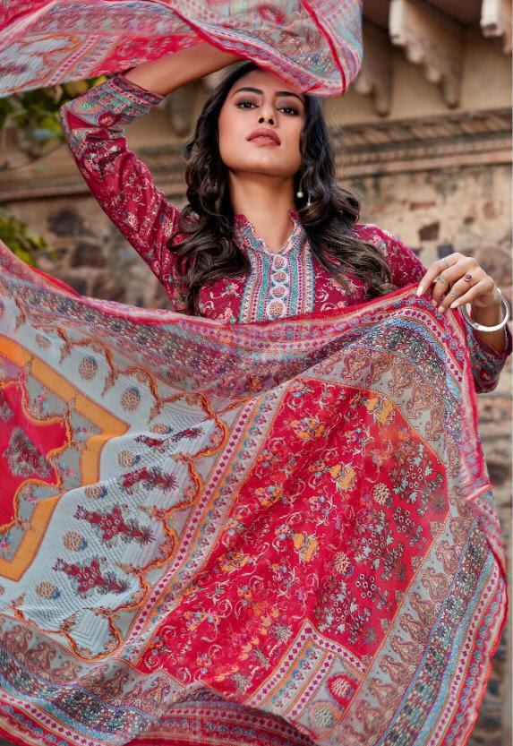 Women's Pink Cotton Pakistani unstitched suits Dress Material With Chiffon Dupatta - Stilento
