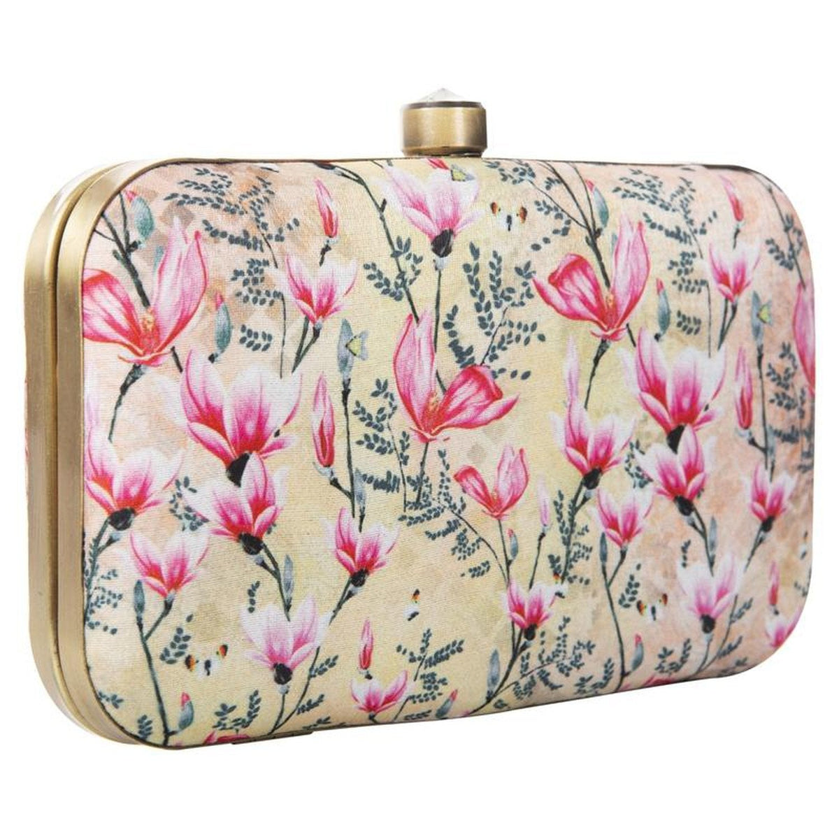 Women's Pink Floral Box Party Clutch Purse with Chain