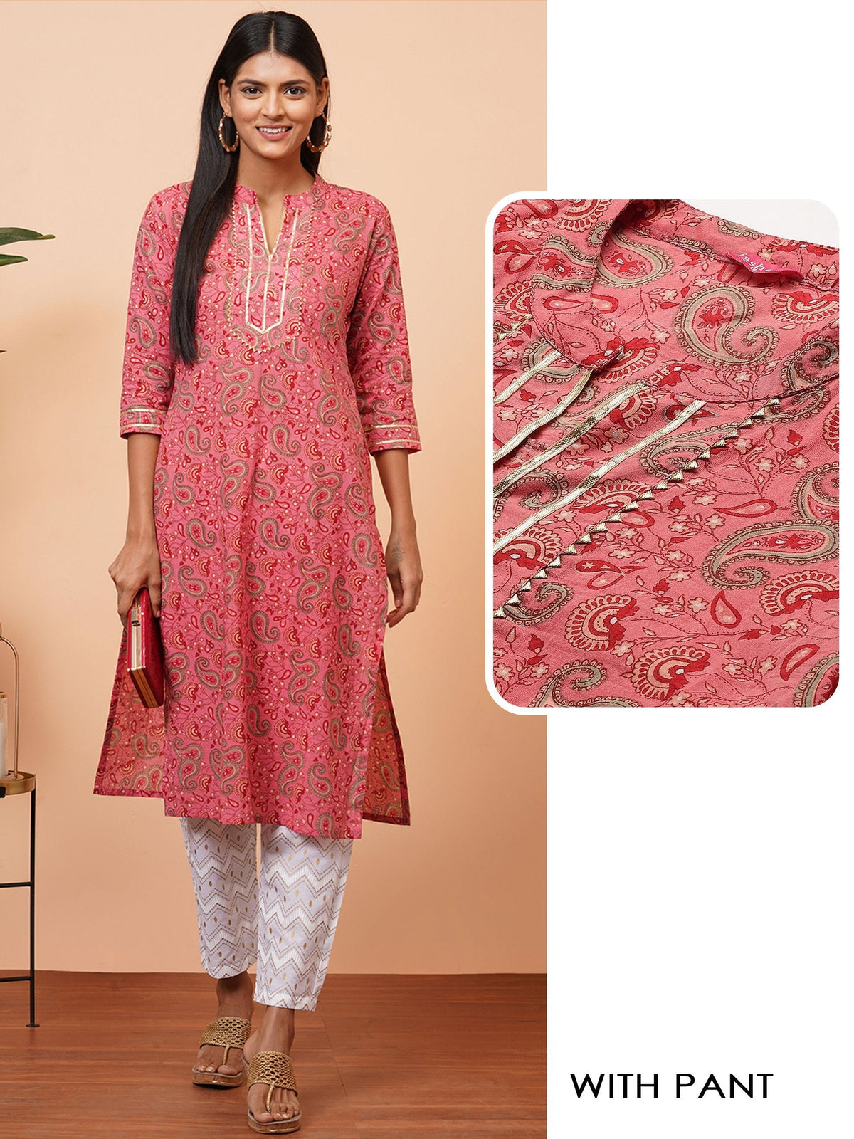 Women's Pink Printed Cotton kurta With Pant Set