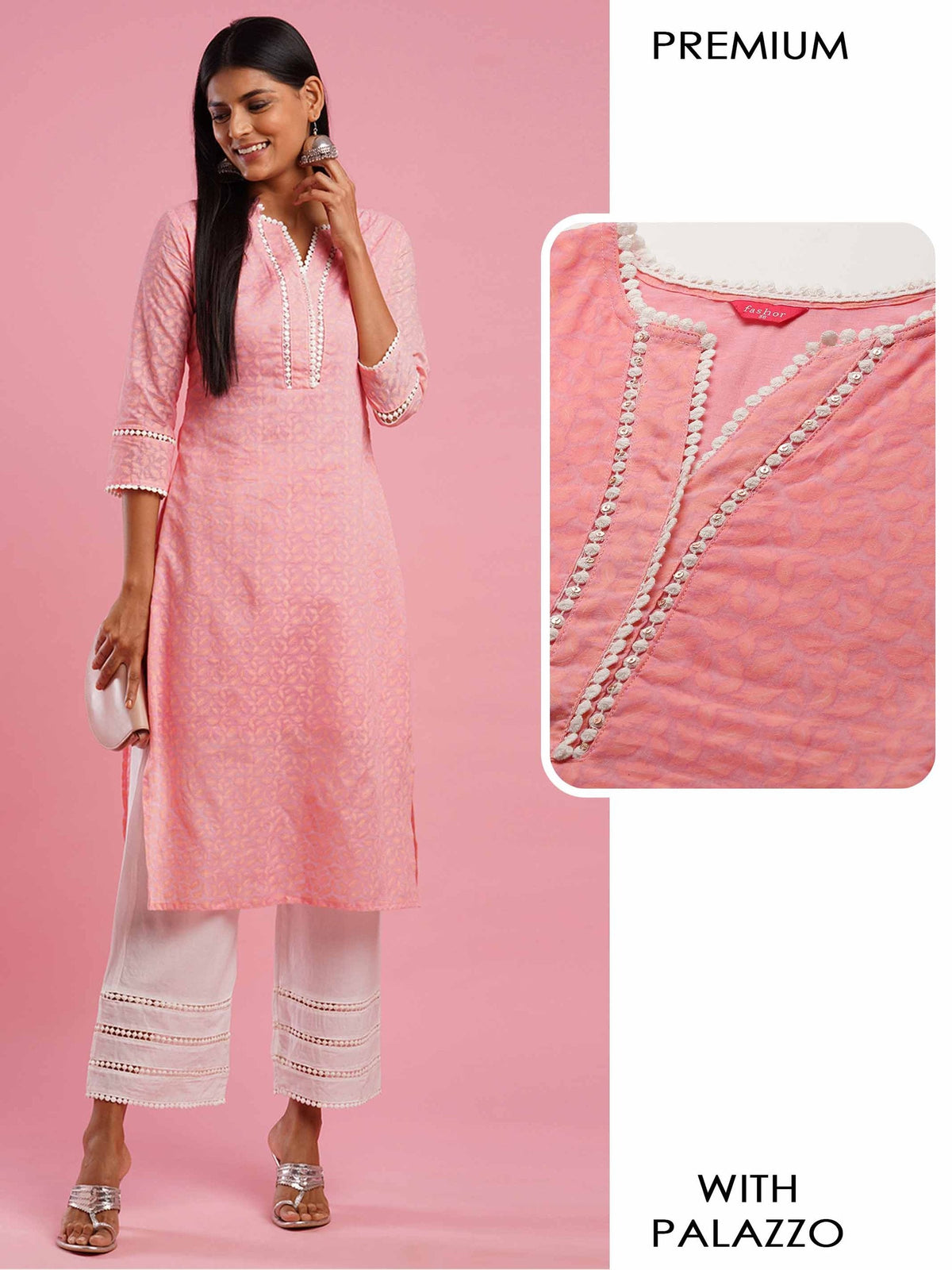 Women's Pink Printed Kurta With White Palazzo Set