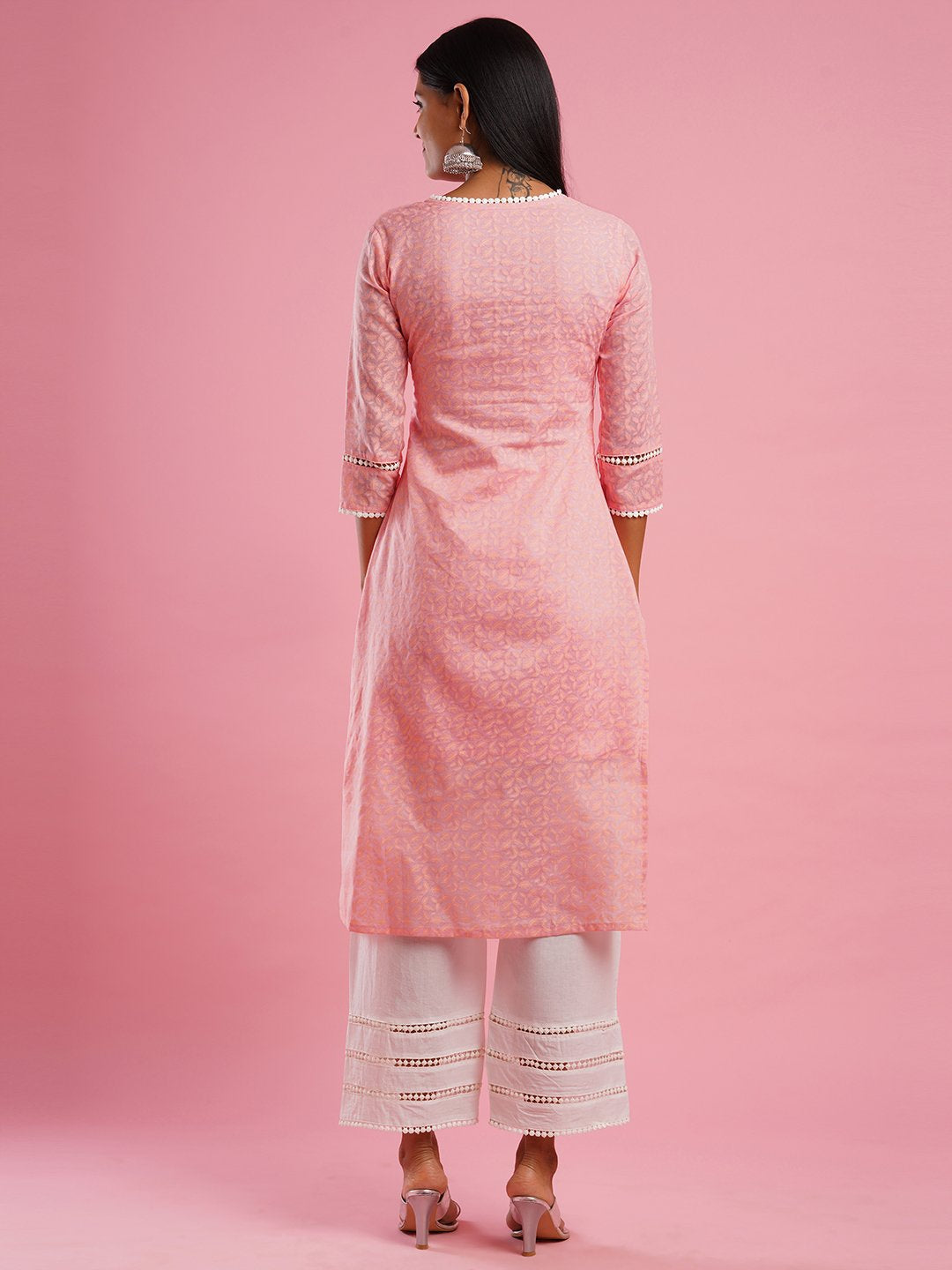 Women's Pink Printed Kurta With White Palazzo Set