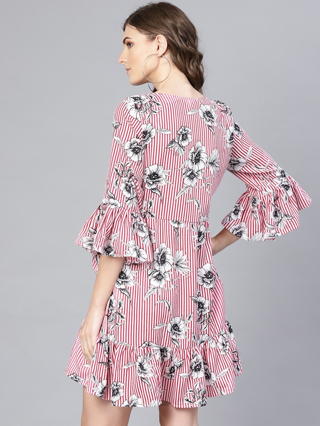 Women's Pink Stylish Bell Sleeve Cute Crepe Dress