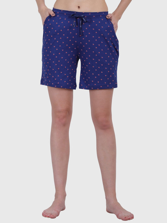 Women's Printed Cotton Night Lounge Shorts Dark Blue - Stilento