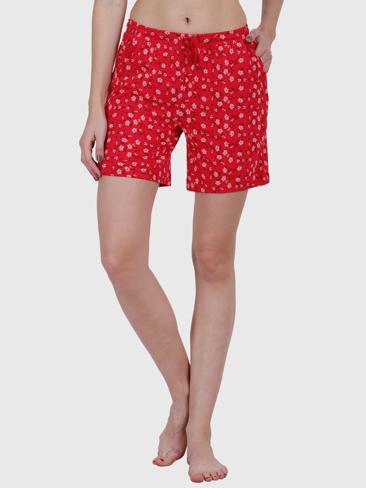 Women's Printed Cotton Night Sleep Shorts Red