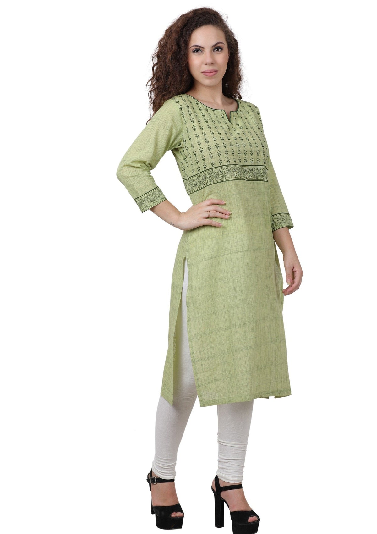 Women's Printed Cotton Regular Green Kurta