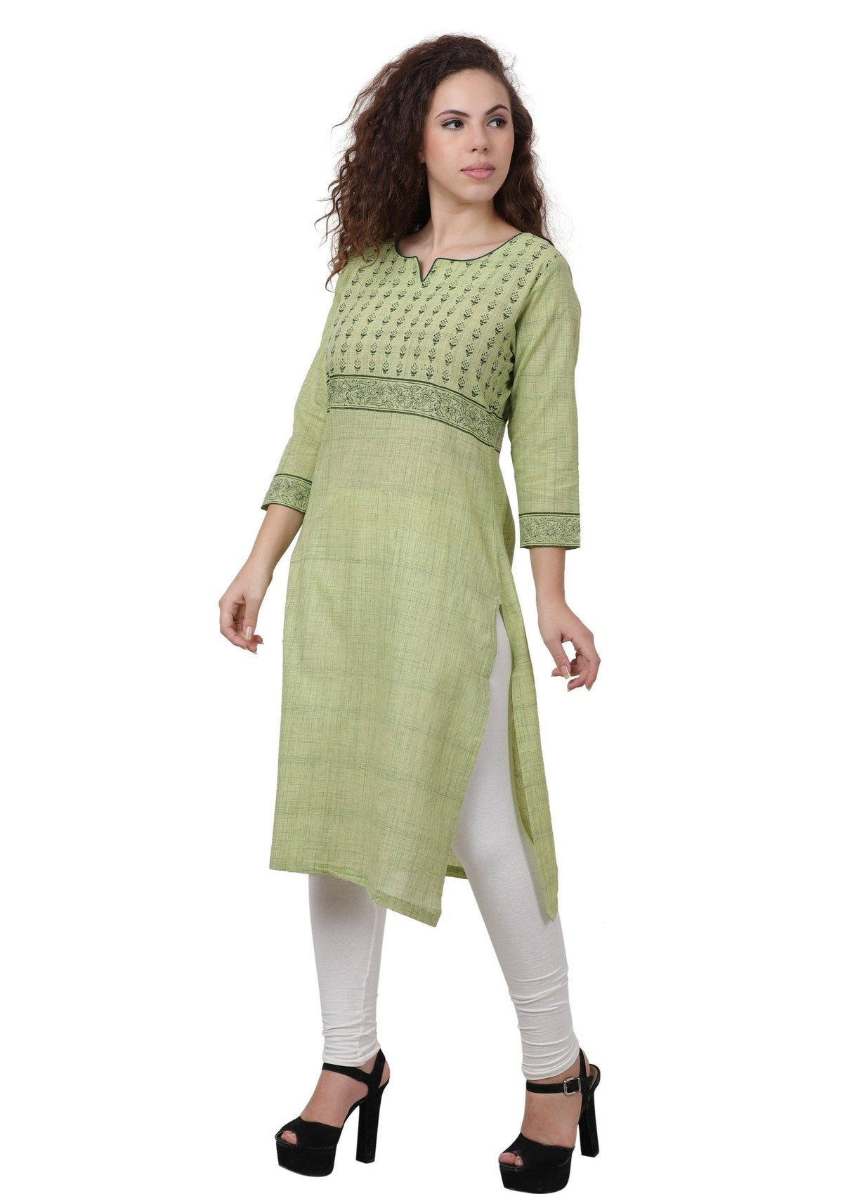 Women's Printed Cotton Regular Green Kurta