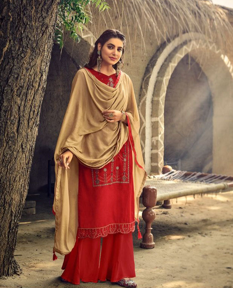 Women's Red Cotton Unstitched Dress Material Suit Set - Stilento