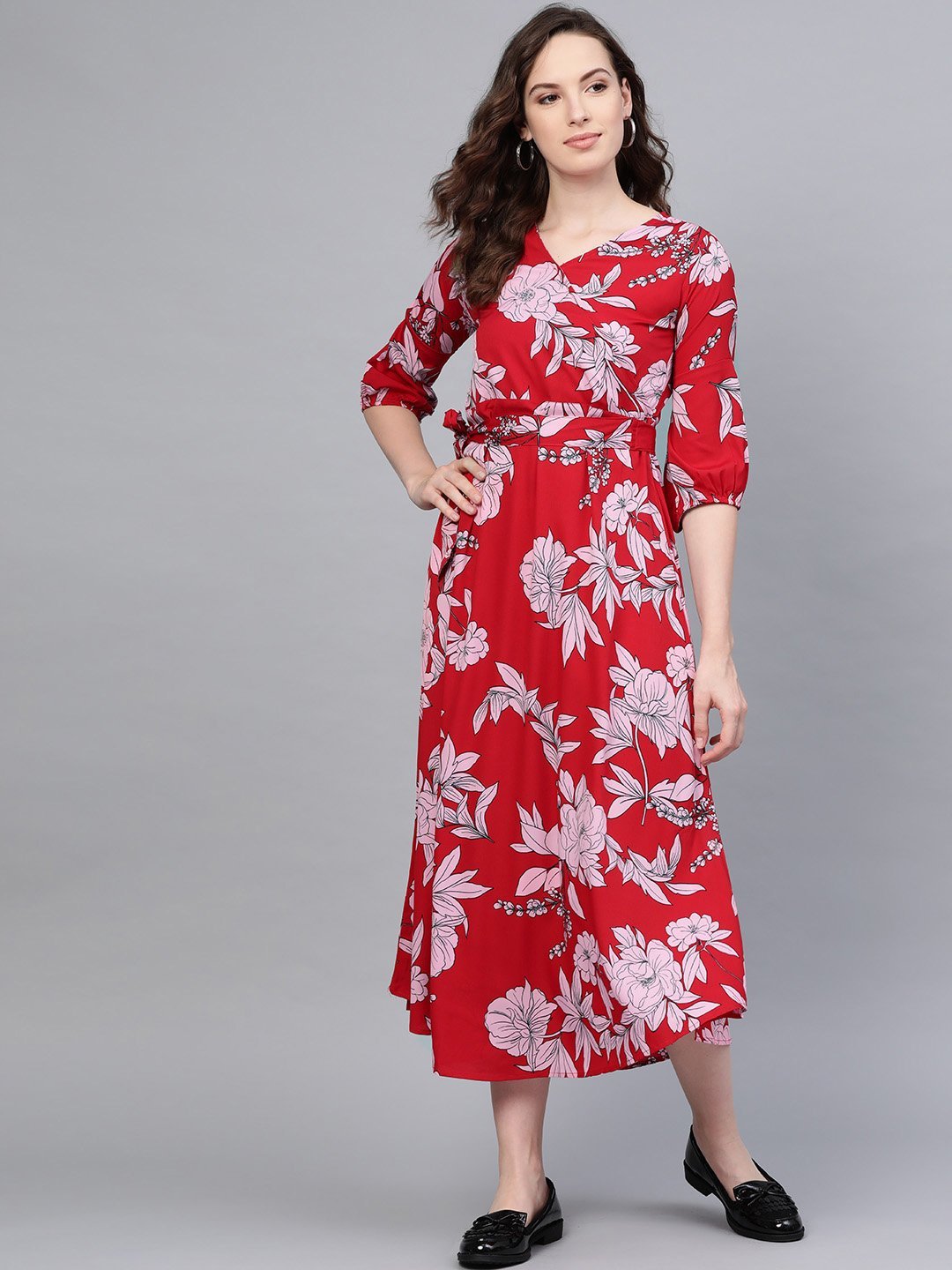 Women's Red Printed V Neck Casual Cute Party Dress - Stilento