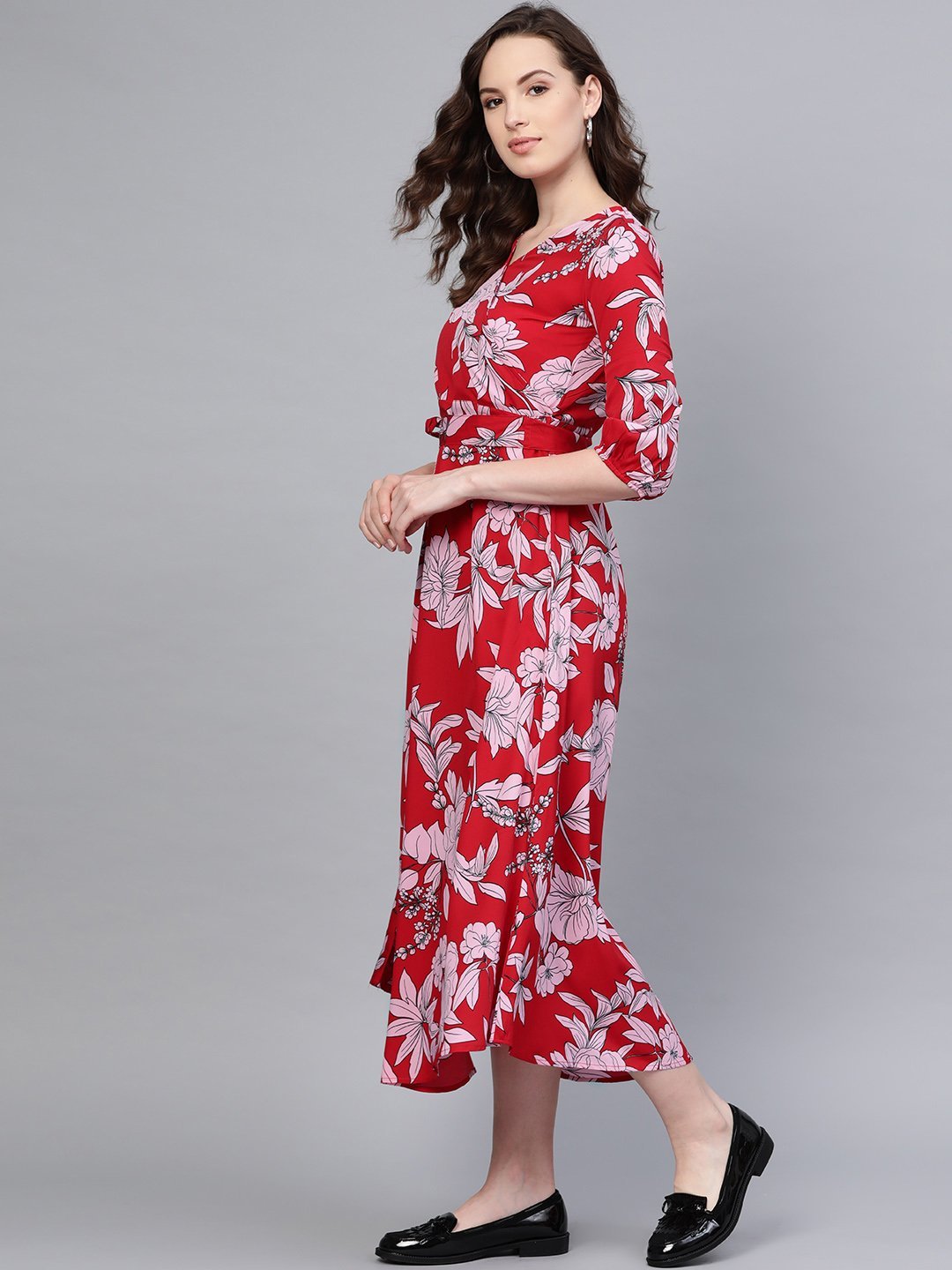 Women's Red Printed V Neck Casual Cute Party Dress - Stilento