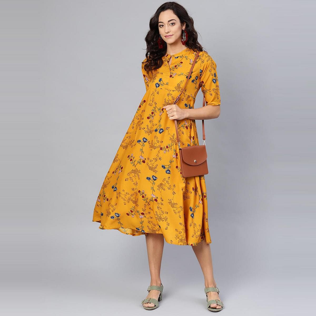 Women's Yellow Printed Collar Neck Crepe Dress