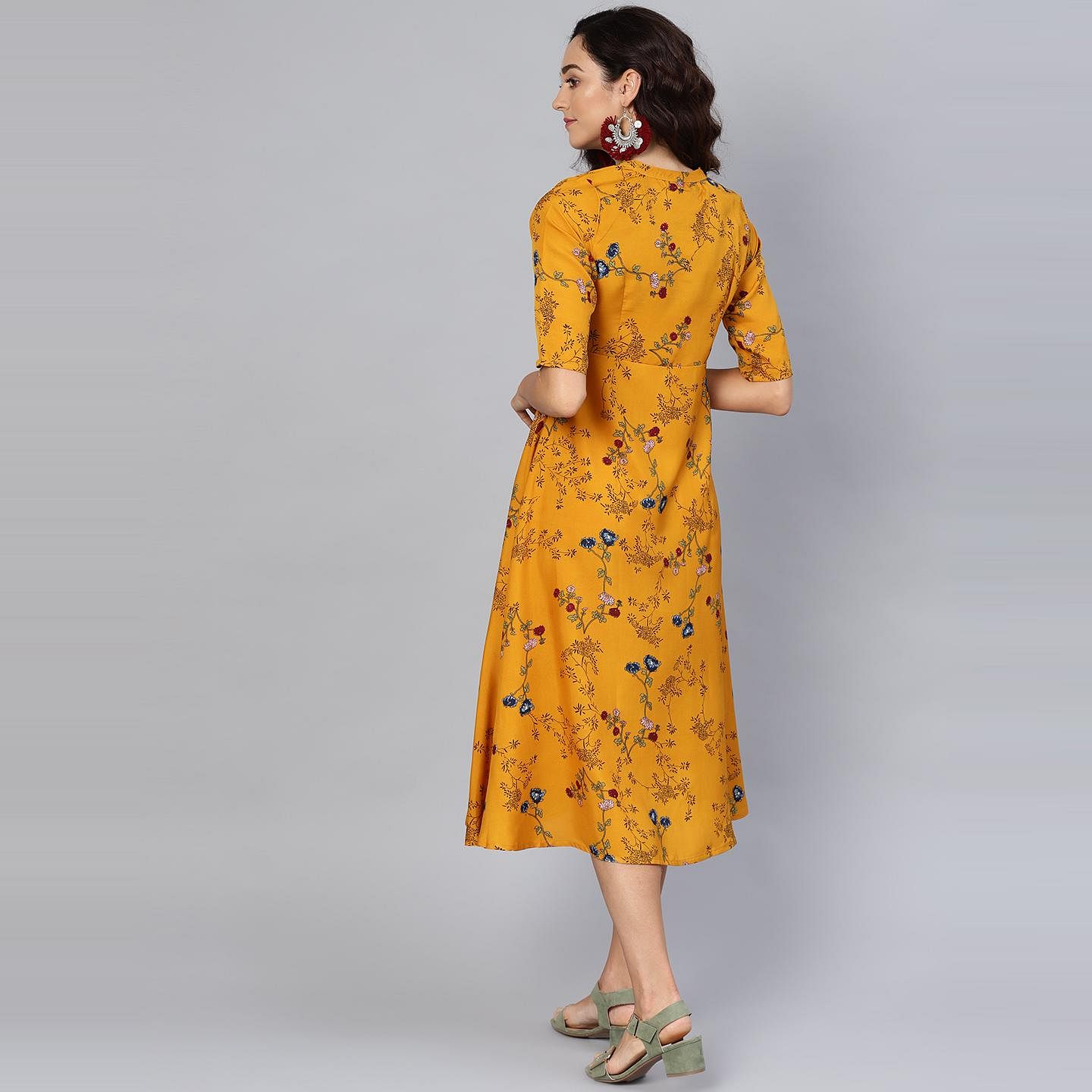 Women's Yellow Printed Collar Neck Crepe Dress - Stilento