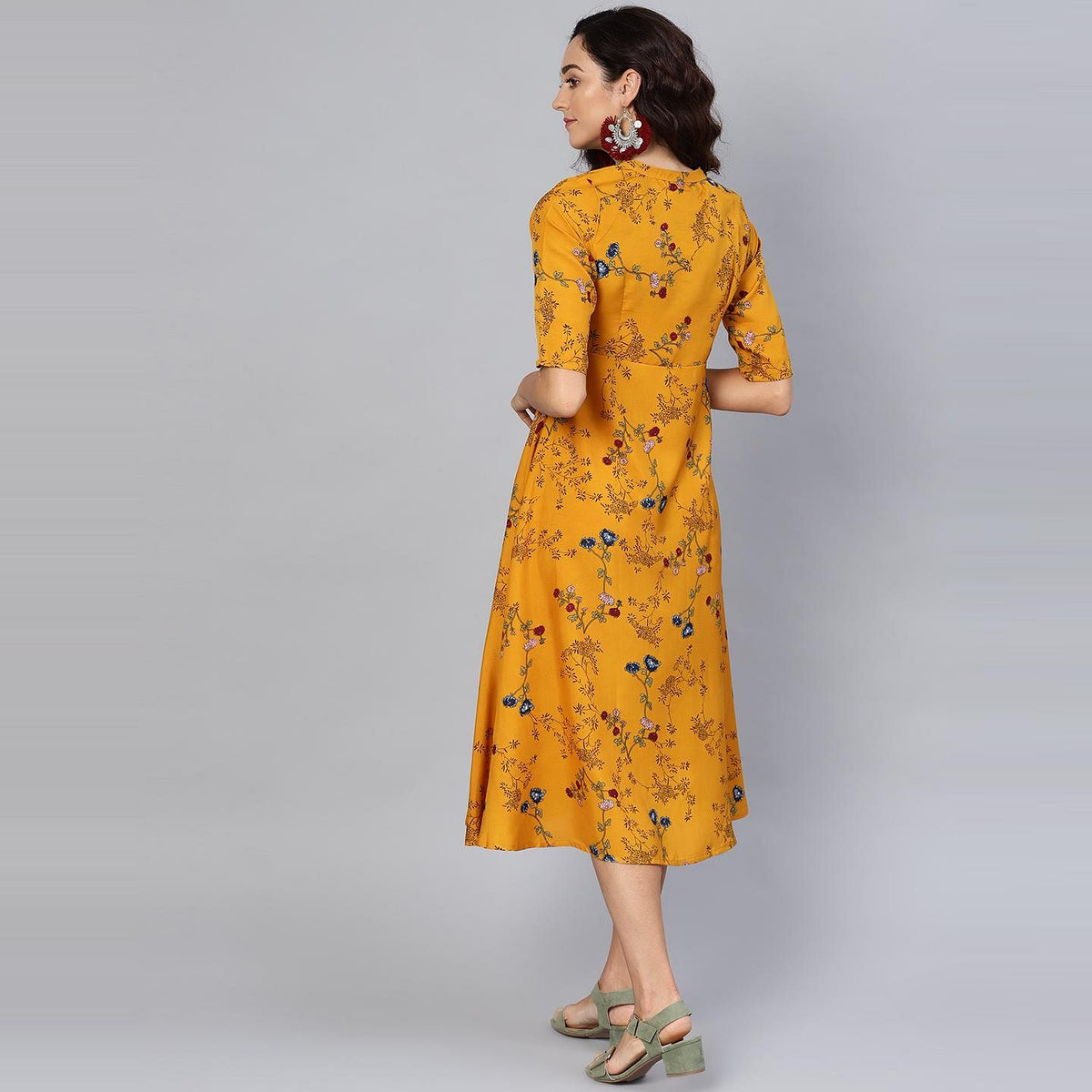 Women's Yellow Printed Collar Neck Crepe Dress
