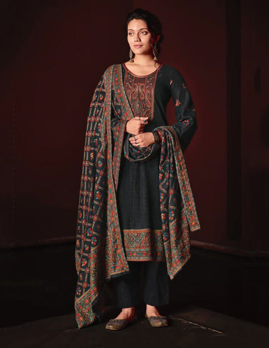 Woolen Pashmina Black Winter Unstitched Suits With shawl