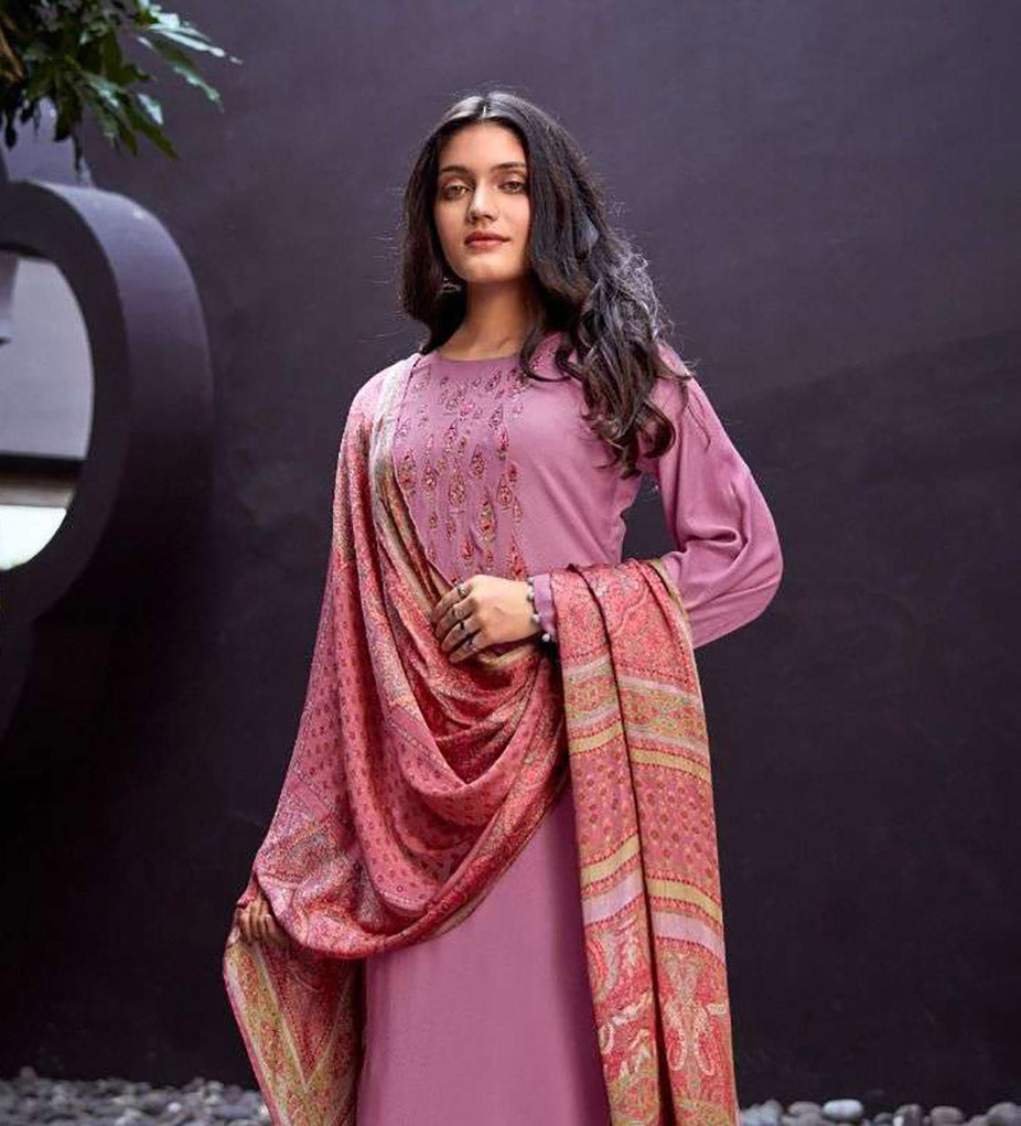 Woolen Pashmina Embroidered Pink Unstitched Winter Suits Material - Stilento