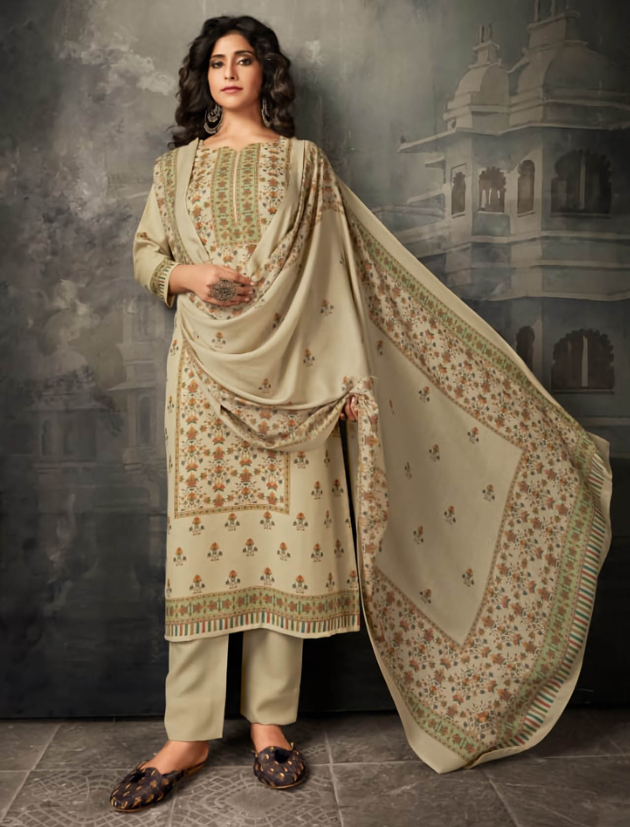 Woolen Pashmina Off-White Unstitched Suit Material Set - Stilento