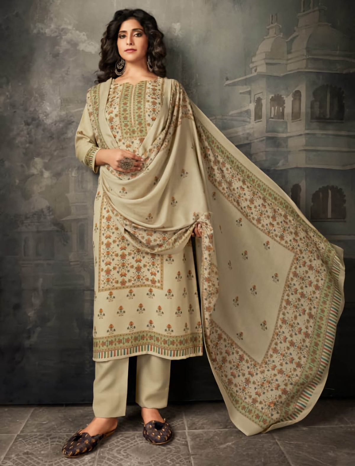 Woolen Pashmina Off-White Unstitched Suit Dress Material for Women