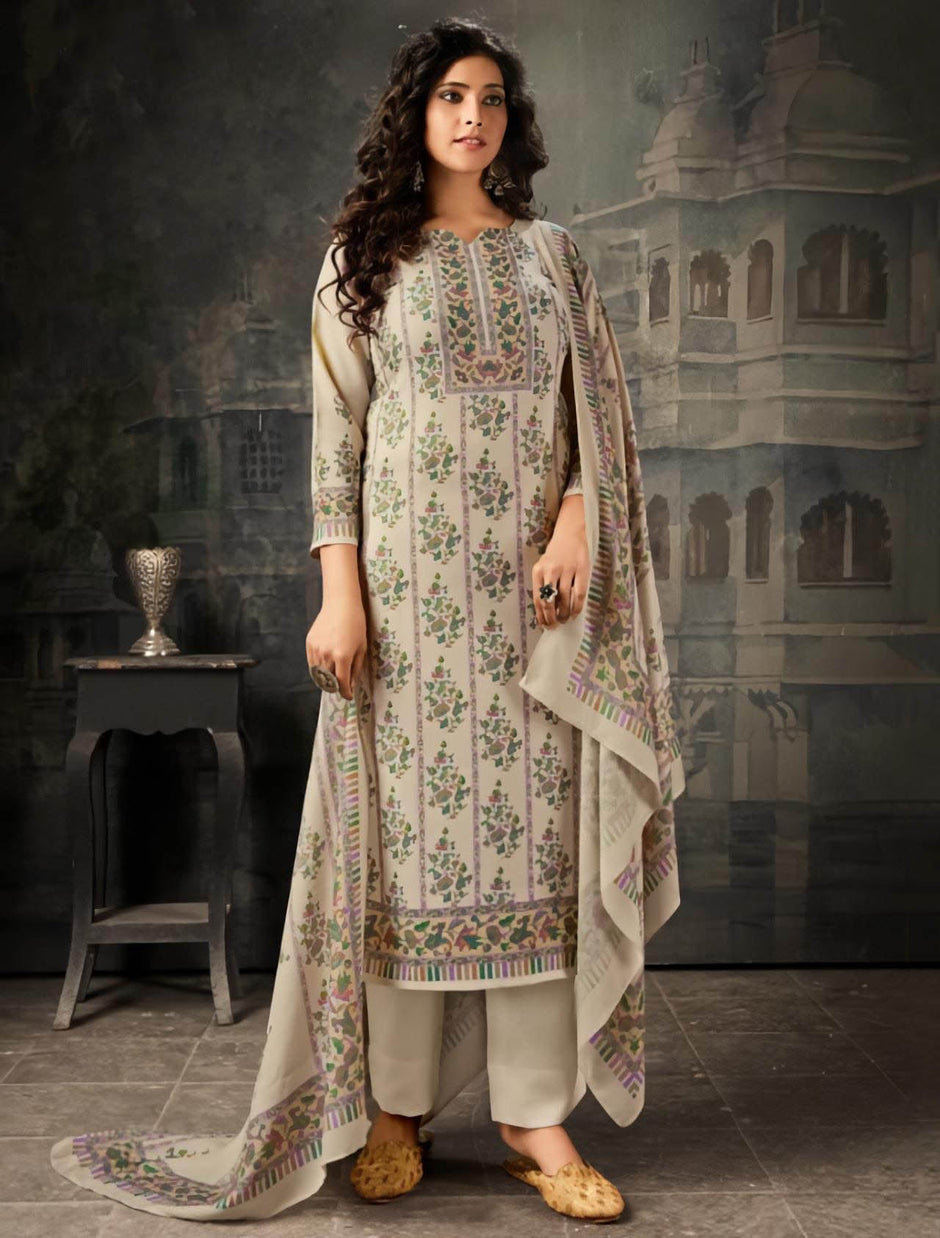 Women Woolen Suits Kashmiri Embroidery Semi Pashmina(OffWhite-9)