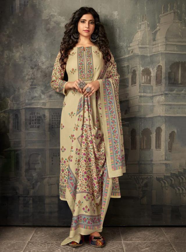 Woolen Pashmina Off-White Unstitched Women Suit Dress Material