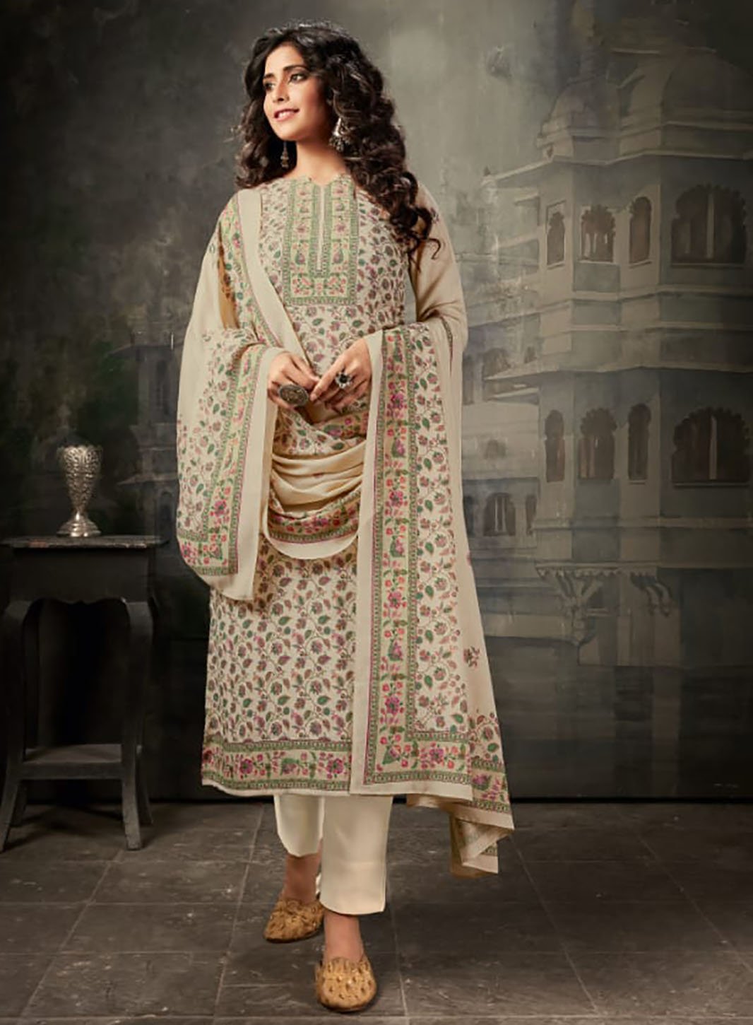 Winter Woolen Pashmina Printed Off-White Unstitched Suit Dress Material