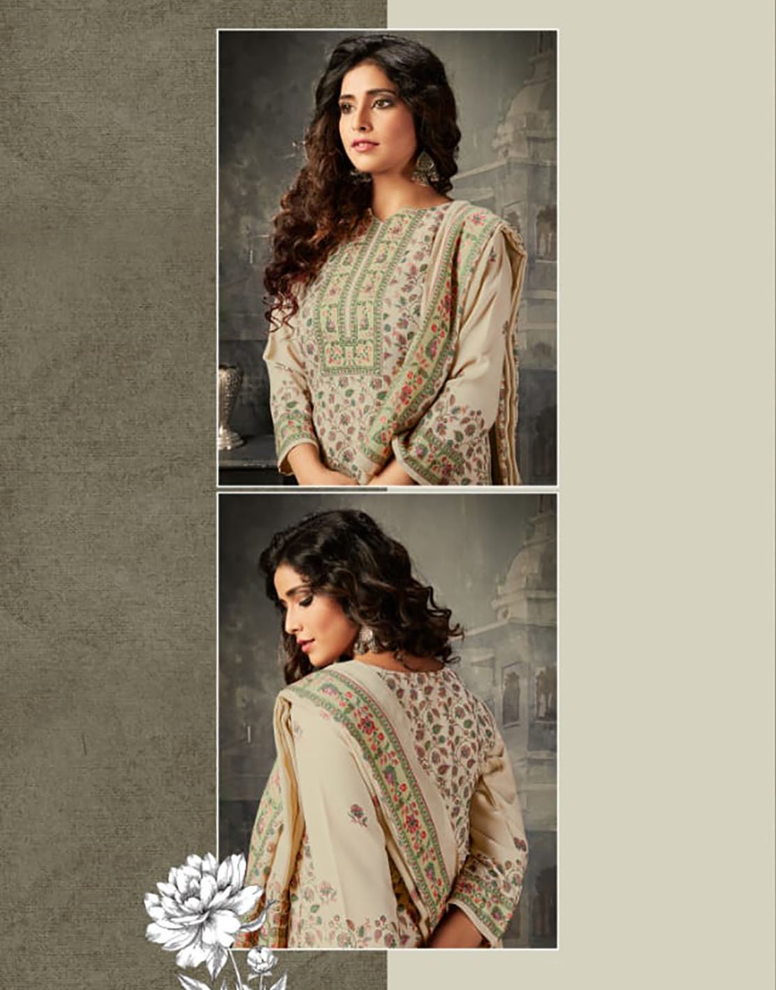 Winter Woolen Pashmina Printed Off-White Unstitched Suit Dress Material