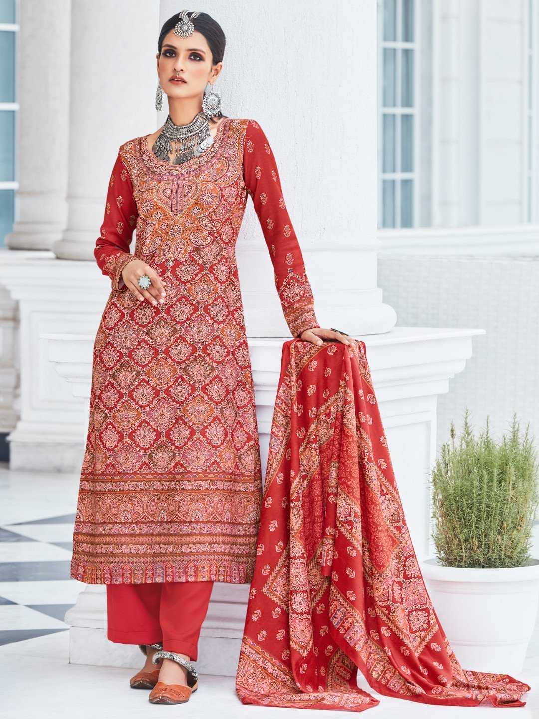 Woolen Pashmina Printed Unstitched Red Winter Suits - Stilento