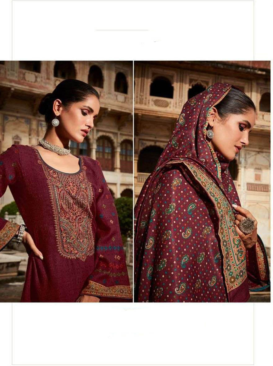 Pashmina Unstitched Maroon Winter Suits With Embroidery - Stilento